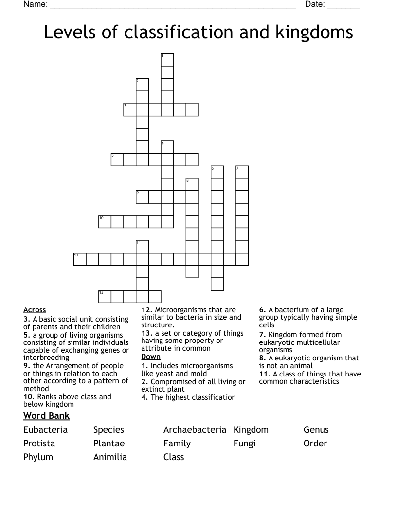 Levels of classification and kingdoms  Crossword
