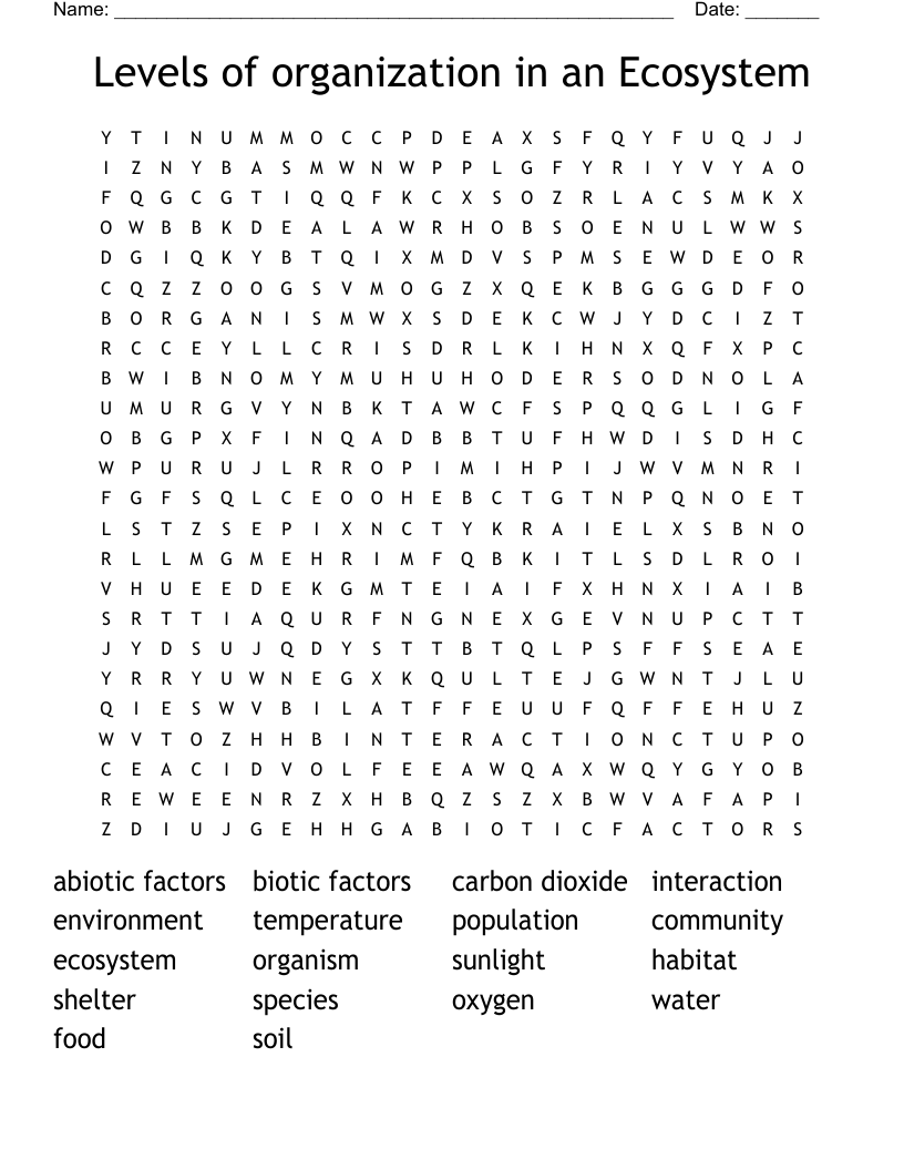 Levels of organization in an Ecosystem Word Search
