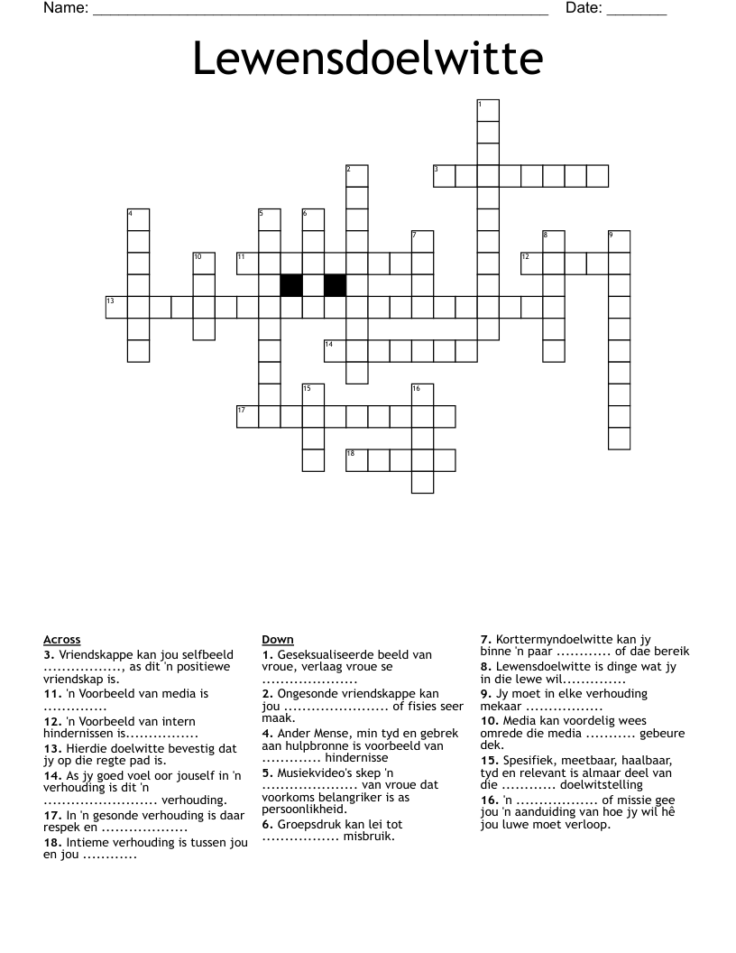 Lewensdoelwitte Crossword