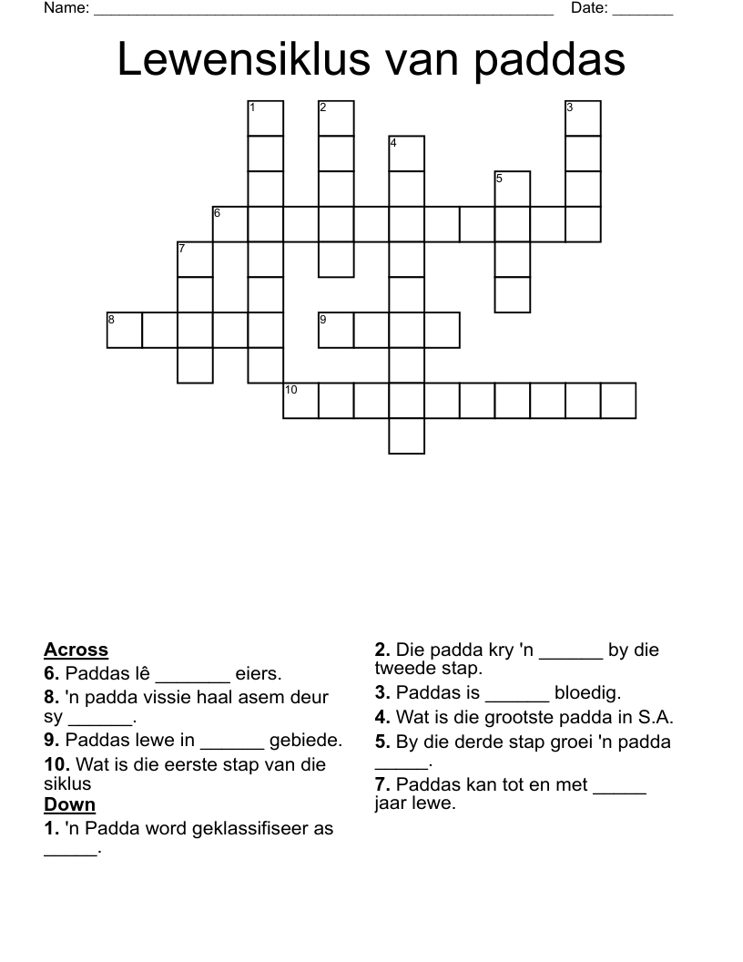 Lewensiklus van paddas Crossword