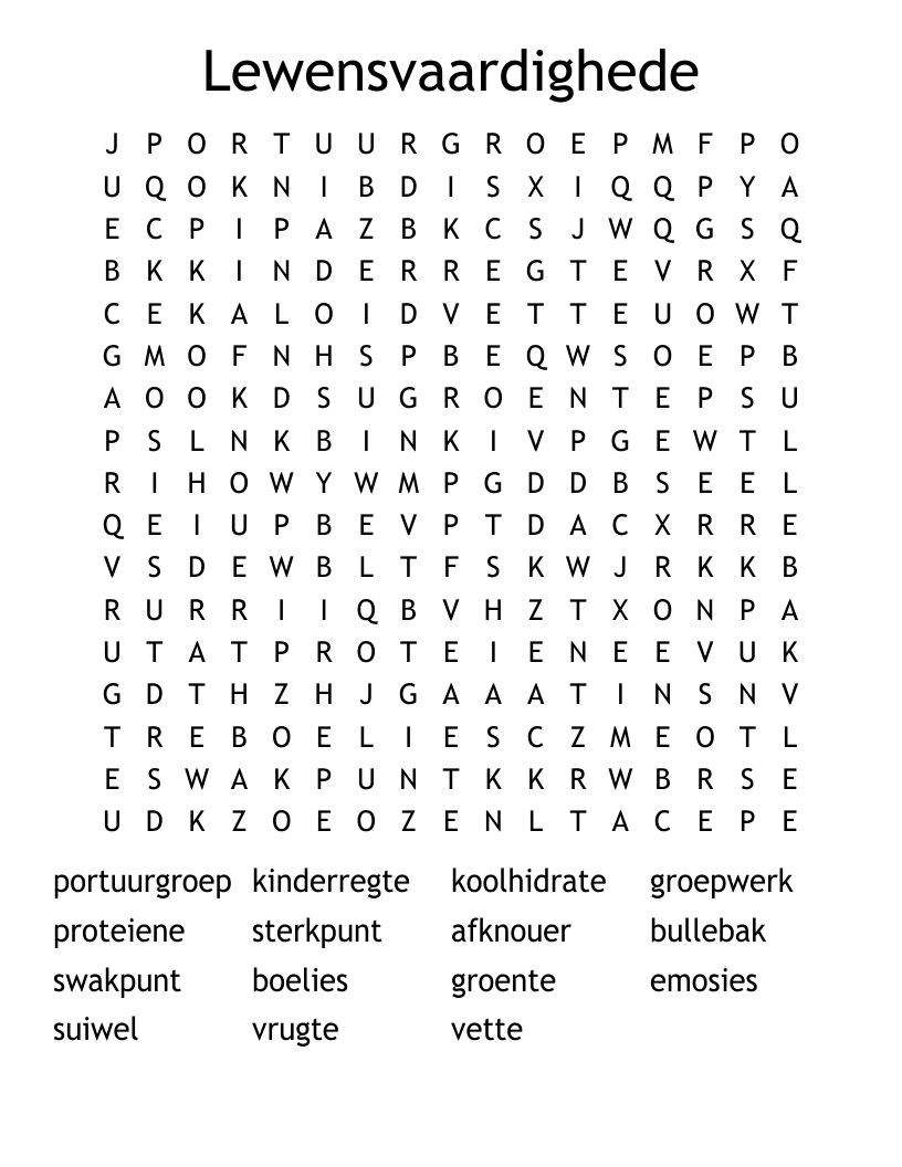 Lewensvaardighede Word Search