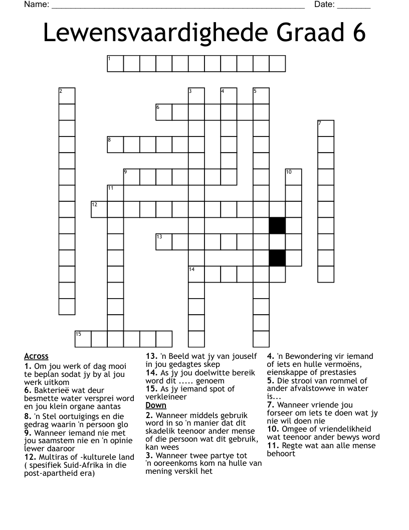 Lewensvaardighede Graad 6 Crossword