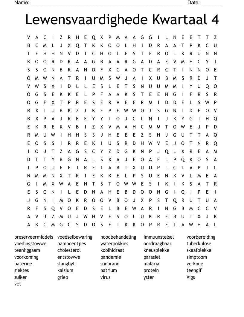 Lewensvaardighede Kwartaal 4 Word Search