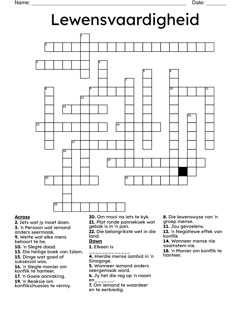 Lewensvaardigheid Crossword