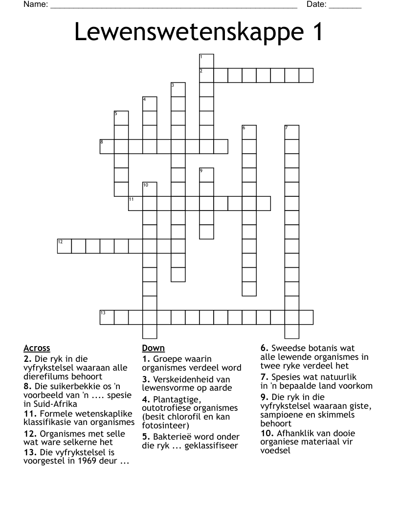 Lewenswetenskappe 1 Crossword