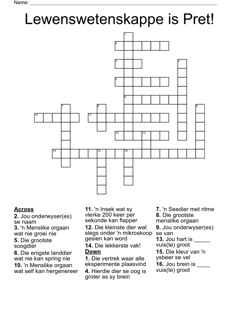 Lewenswetenskappe is Pret! Crossword