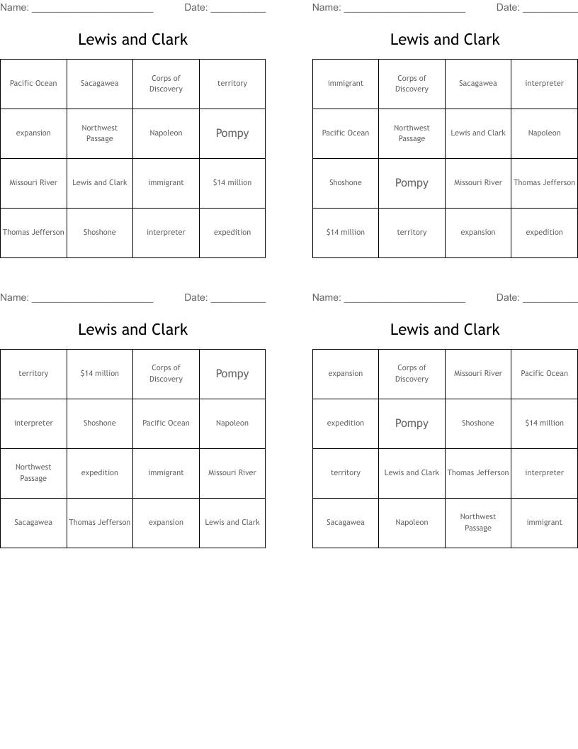 Lewis and Clark Bingo Cards