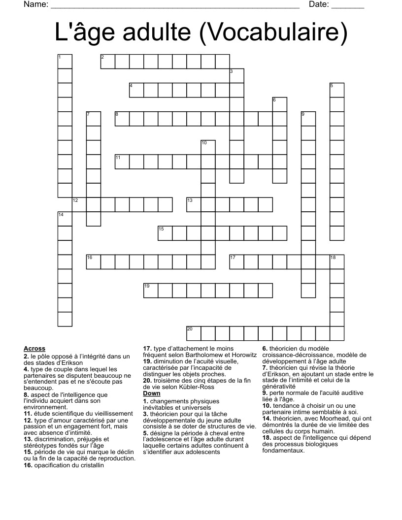 L'âge adulte (Vocabulaire) Crossword