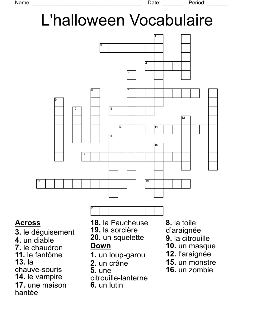 L'halloween Vocabulaire Crossword