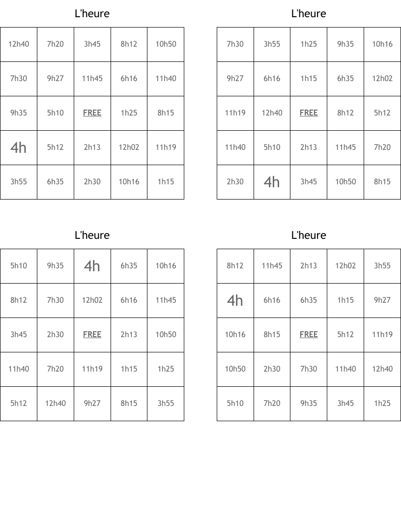 L'heure Bingo Cards