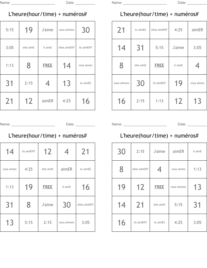 L'heure(hour/time) + numéros# Bingo Cards