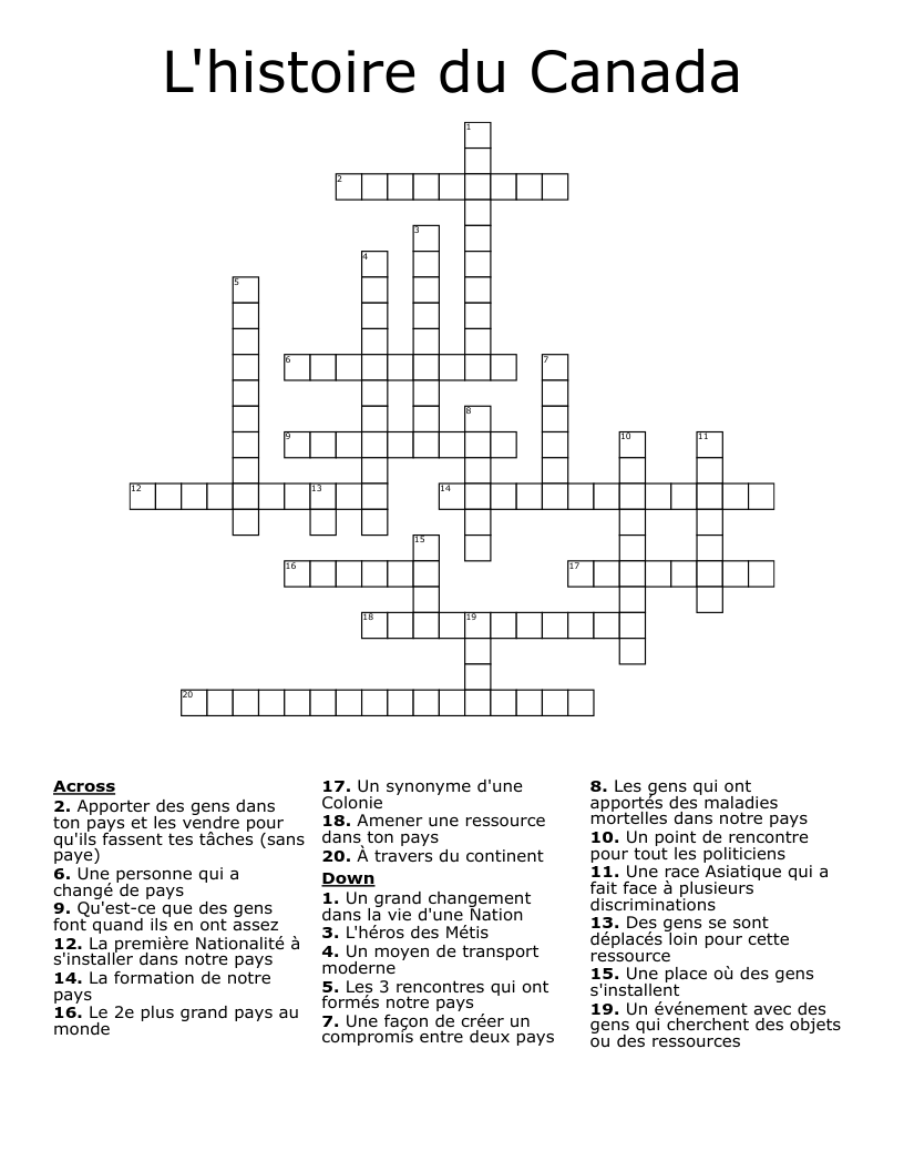 L'histoire du Canada Crossword