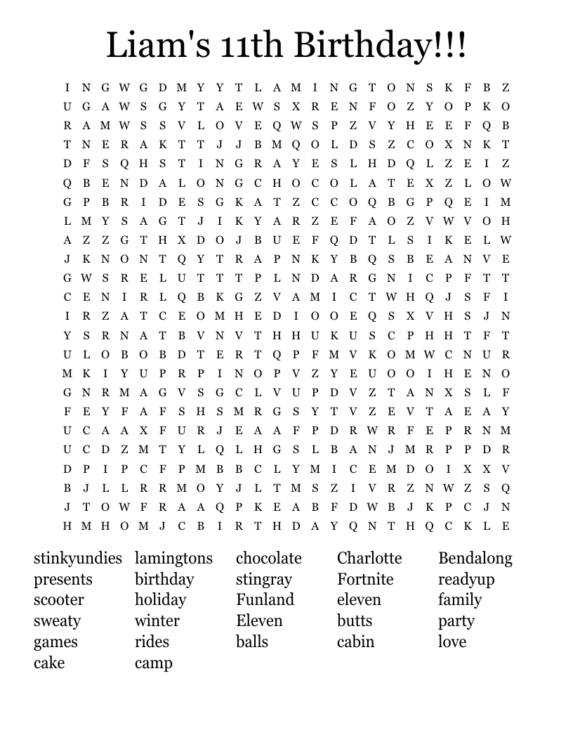 Liam's 11th Birthday!!! Word Search