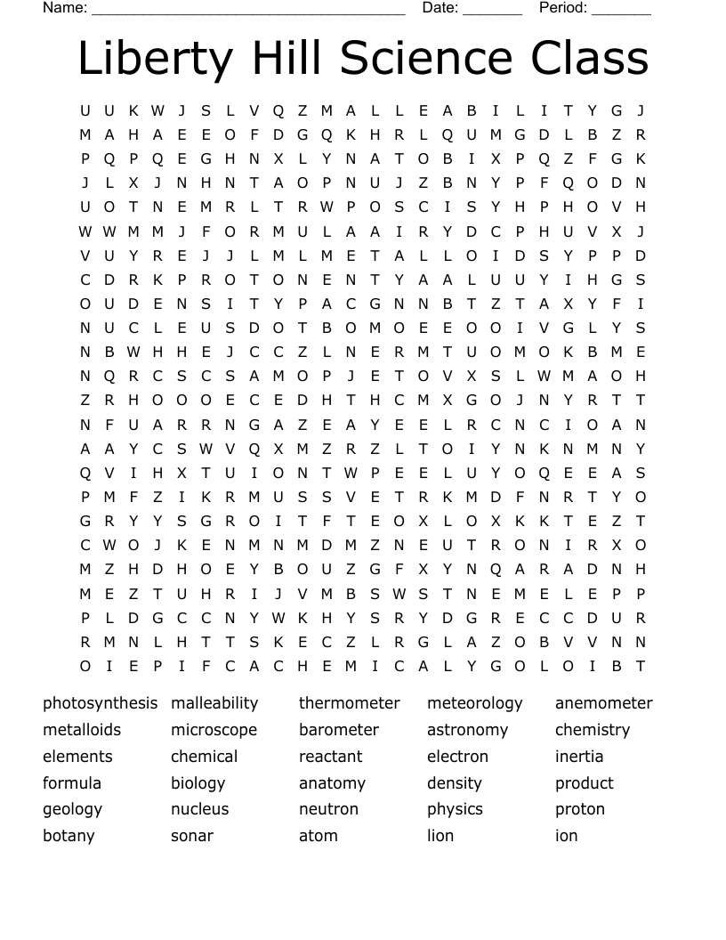 Liberty Hill Science Class Word Search