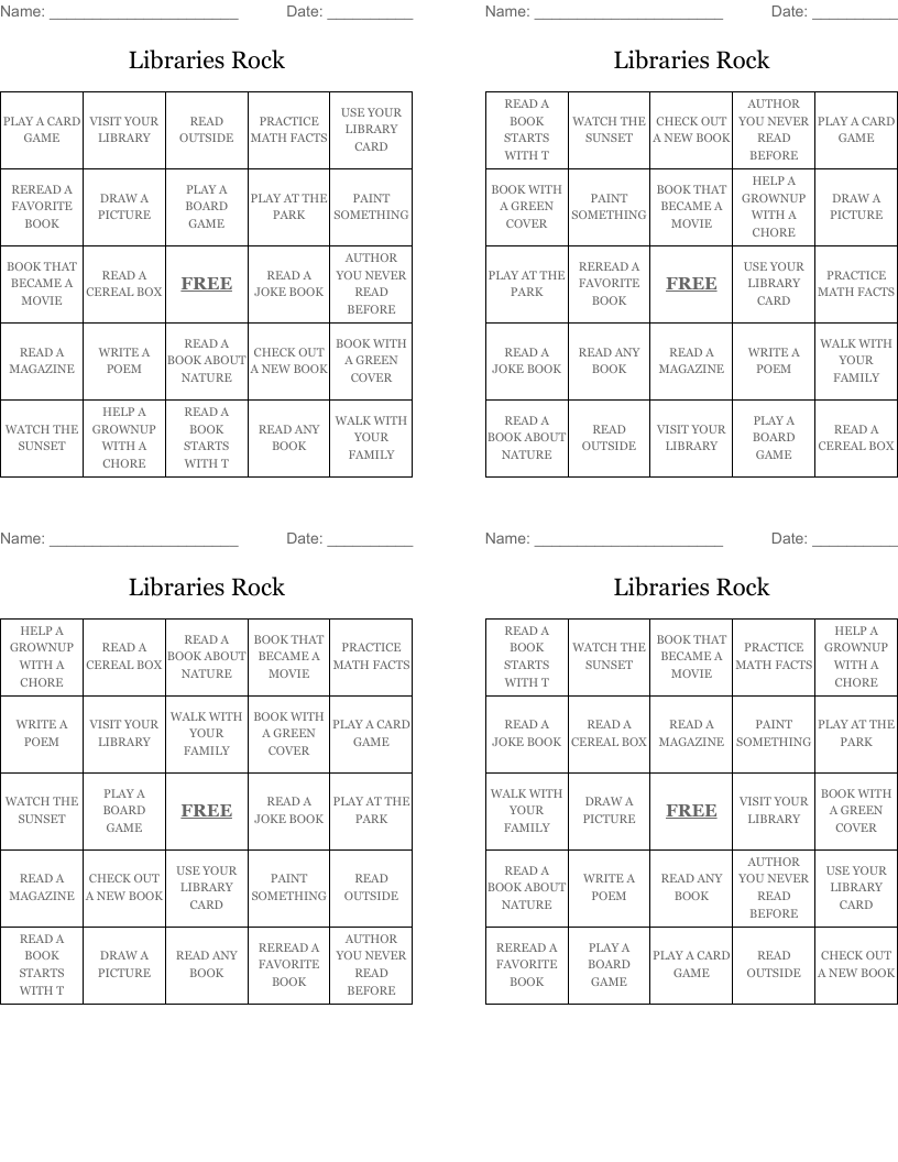 Libraries Rock Bingo Cards