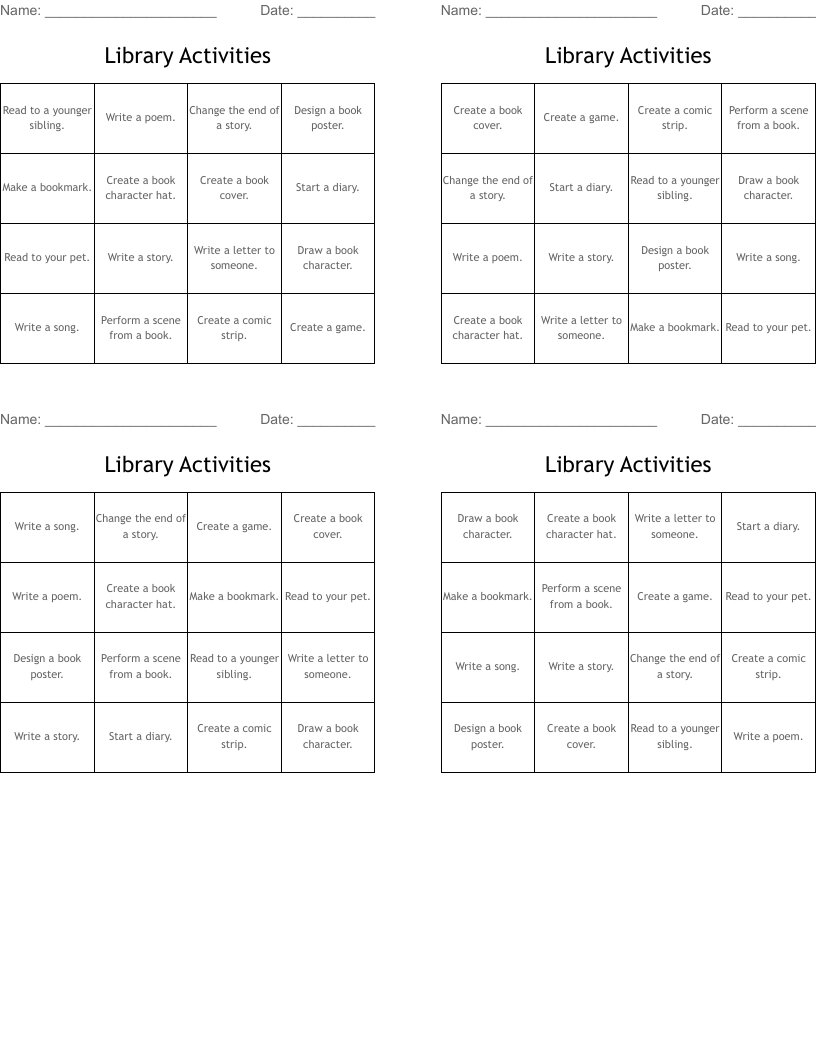 Library Activities Bingo Cards