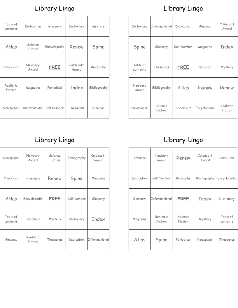 Library Lingo Bingo Cards