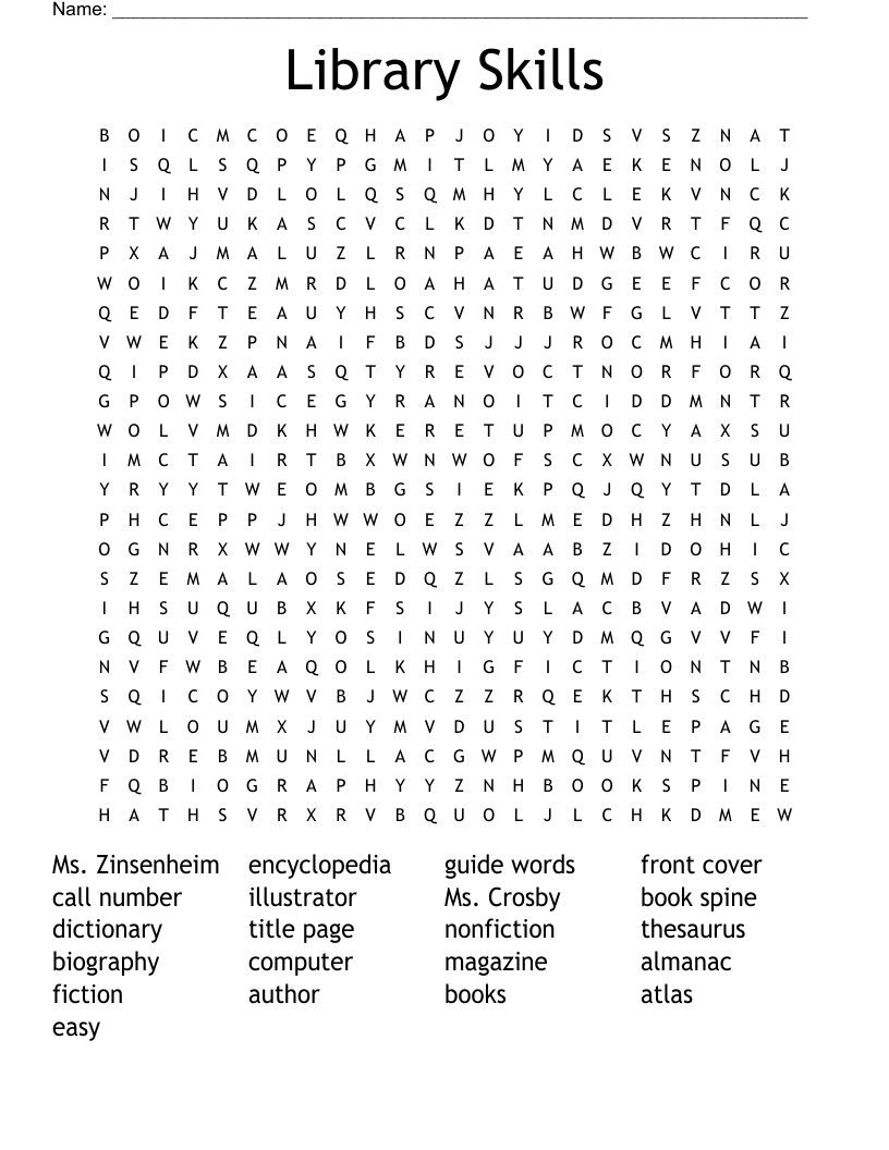 Library Skills Word Search