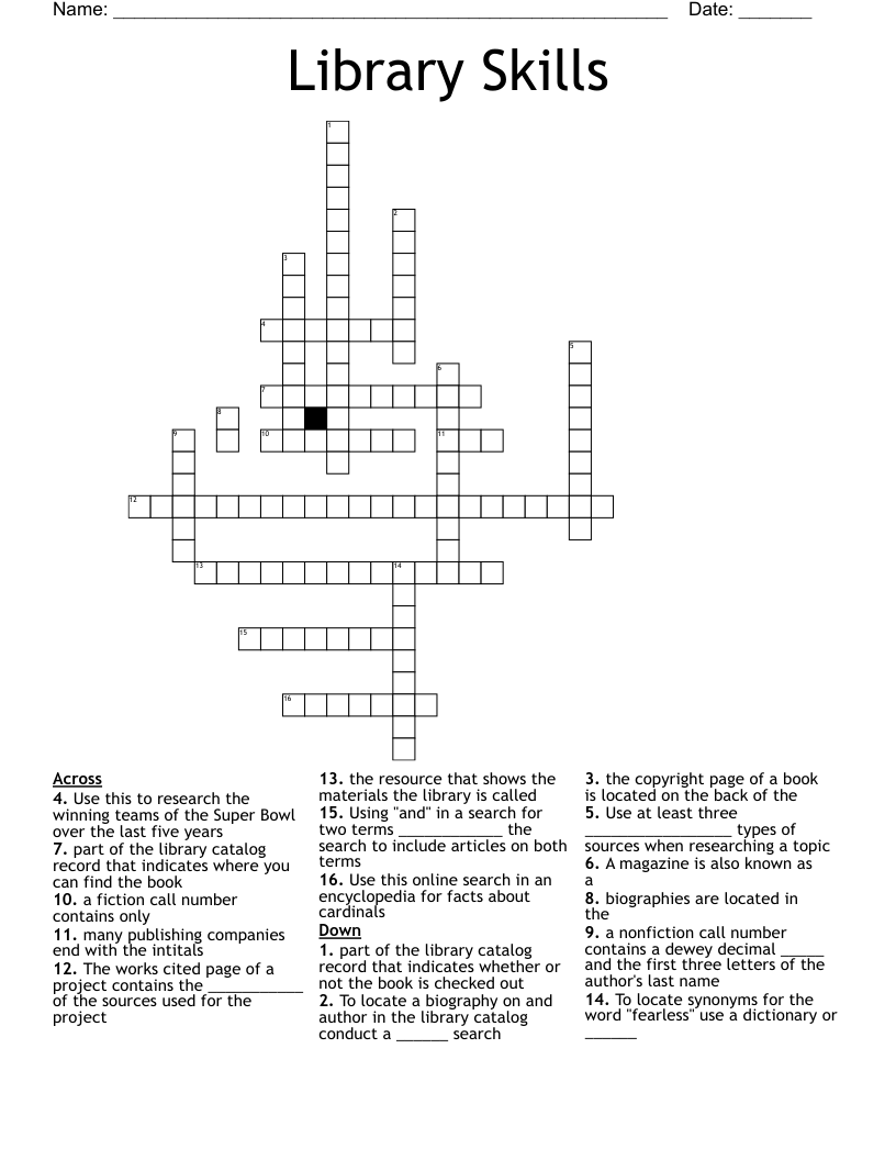 Library Skills  Crossword