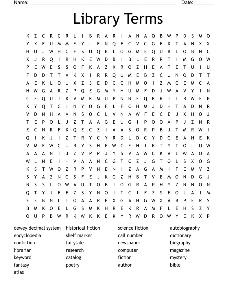 Library Terms Word Search