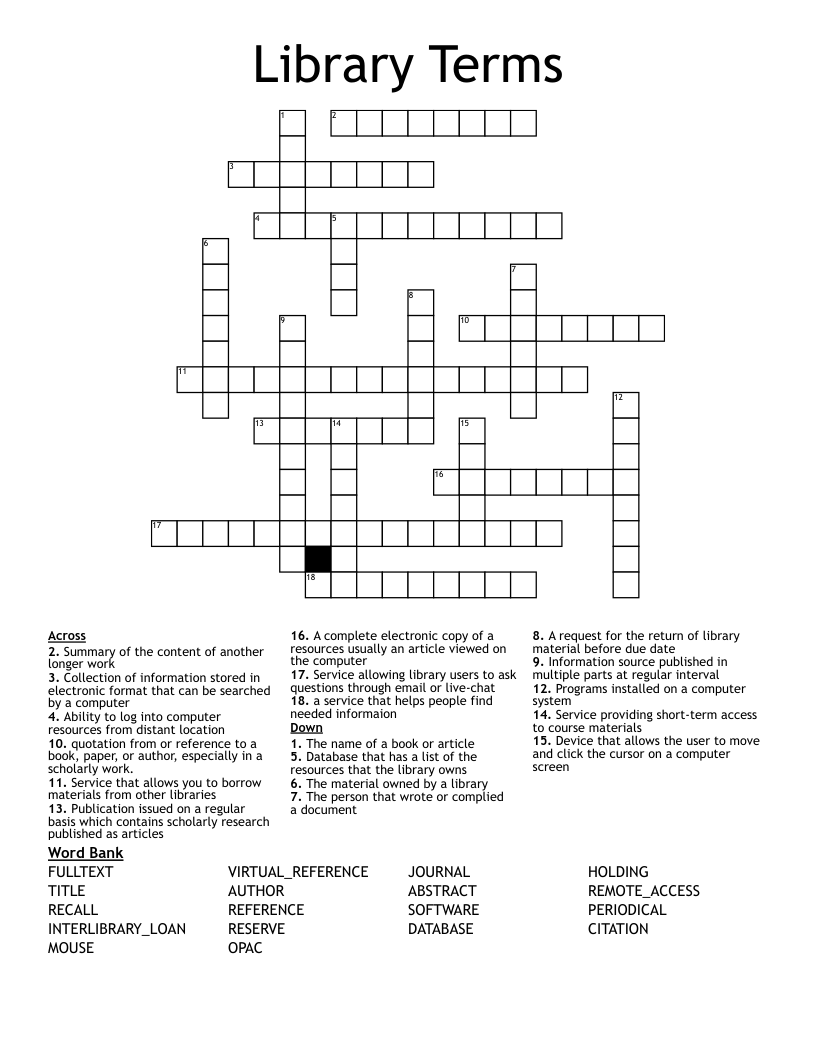 Library Terms Crossword