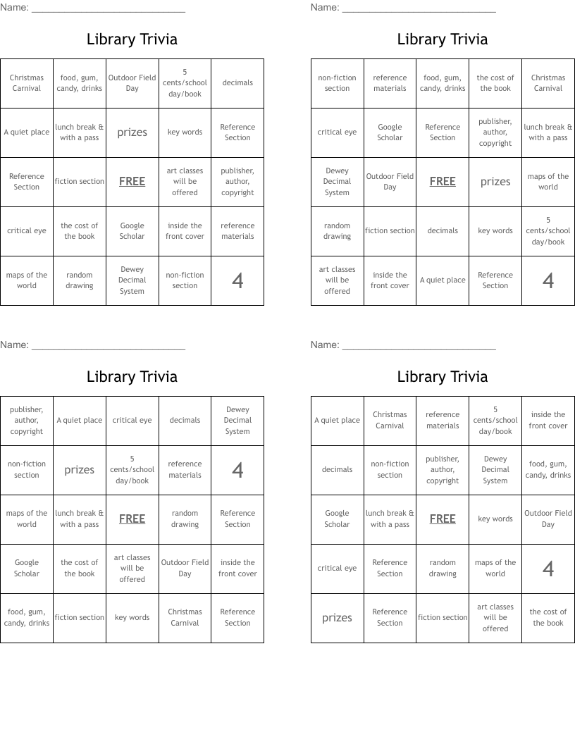Library Trivia Bingo Cards