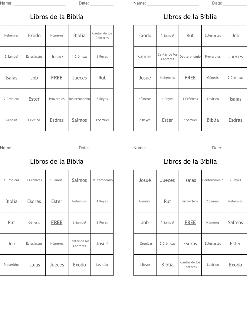 Libros de la Biblia Bingo Cards