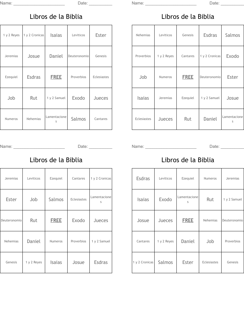 Libros de la Biblia Bingo Cards