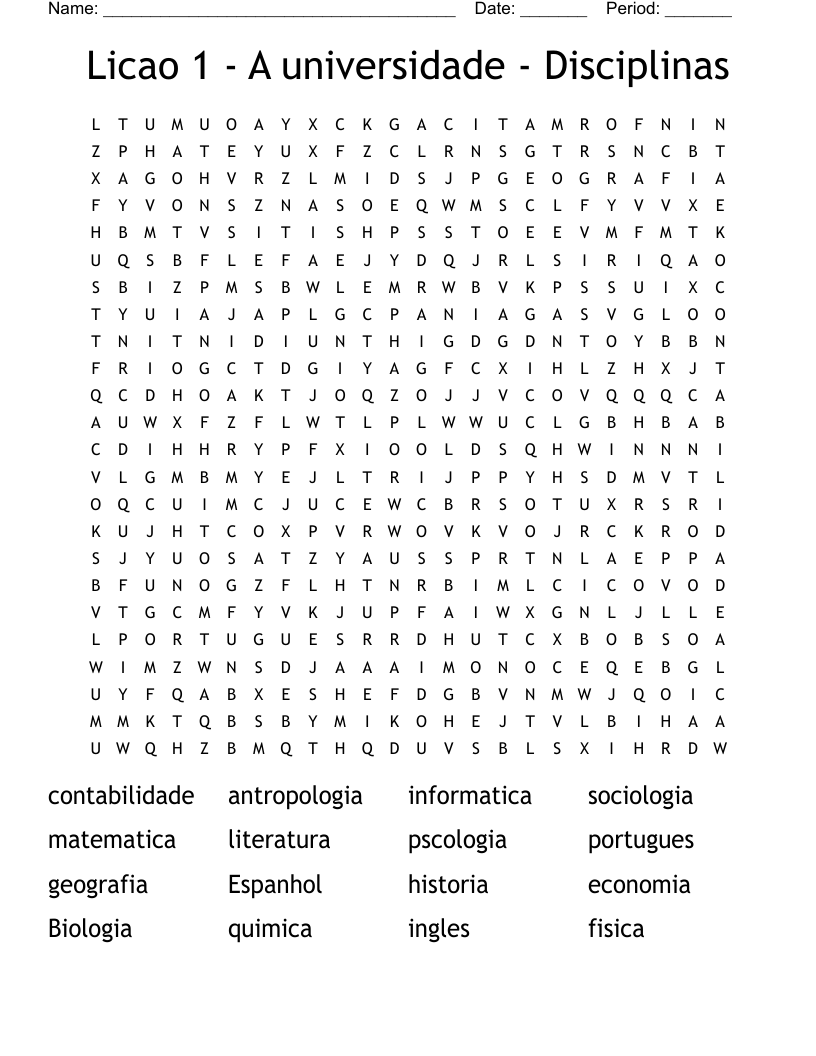 Licao 1 - A universidade - Disciplinas Word Search