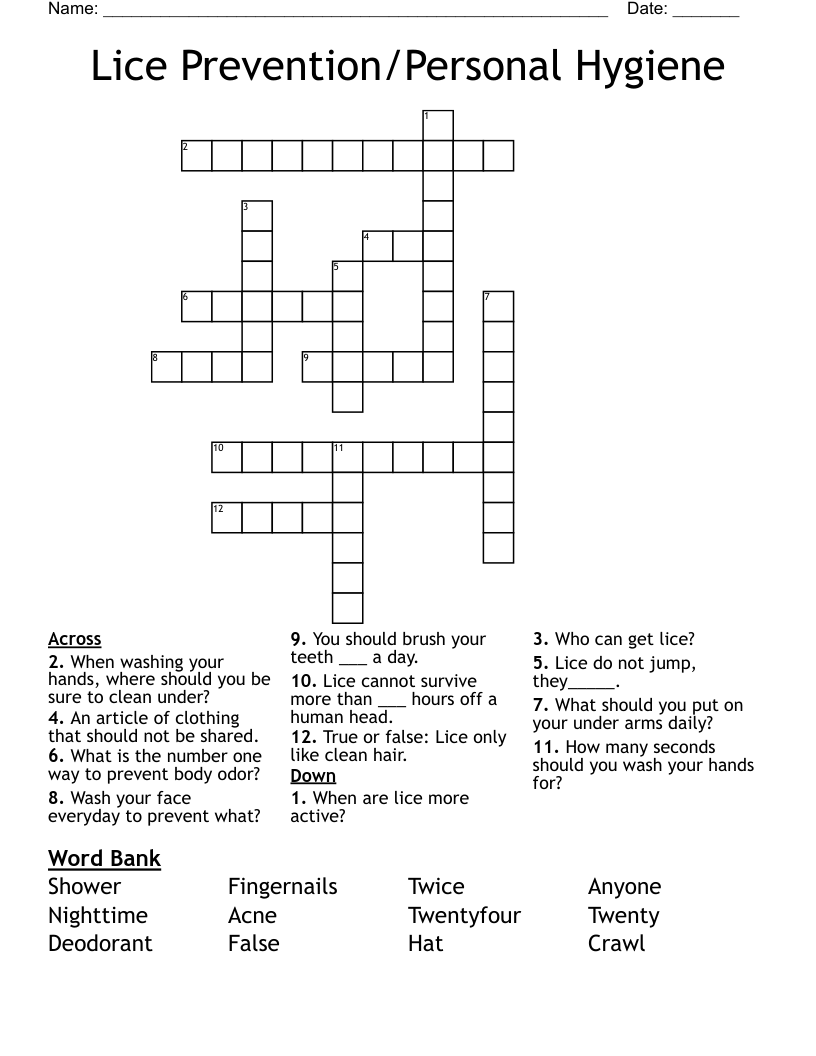 Lice Prevention/Personal Hygiene  Crossword