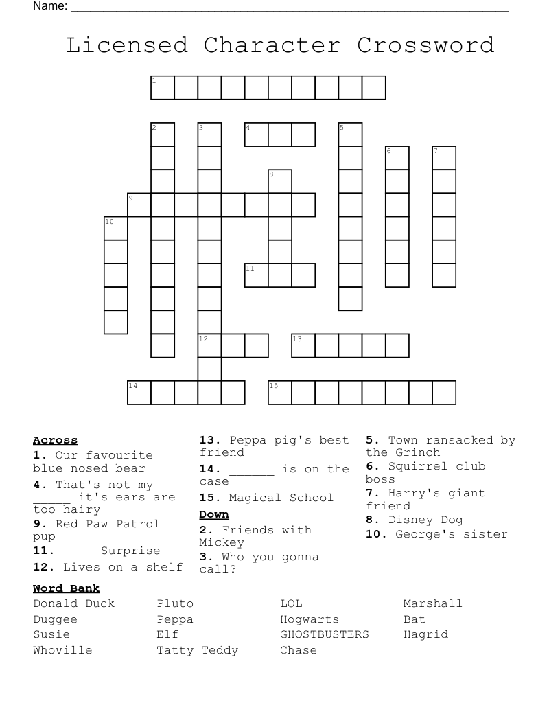 Licensed Character Crossword 