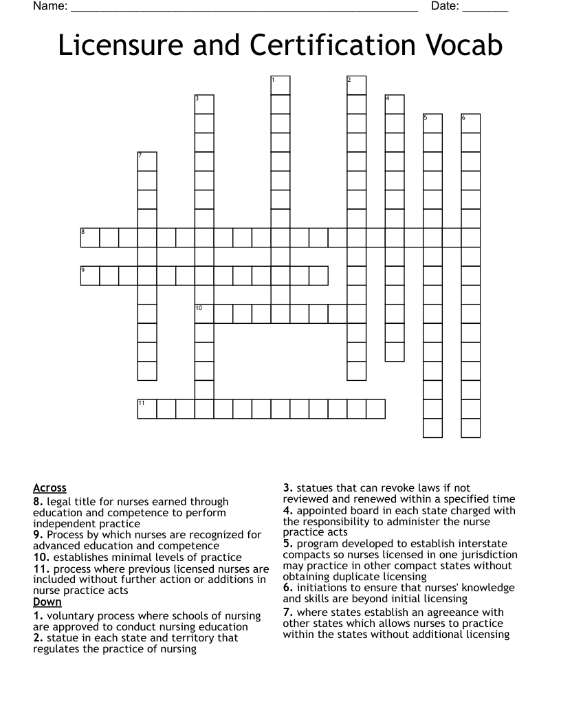Licensure and Certification Vocab Crossword
