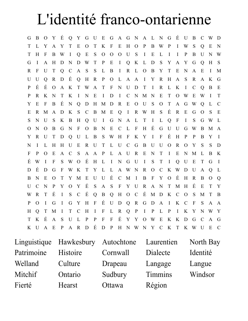 L'identité franco-ontarienne Word Search