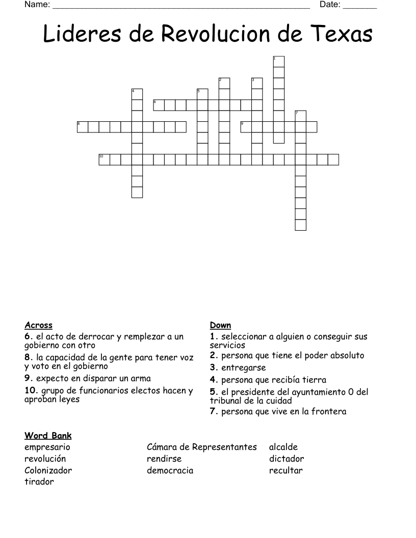 Lideres de Revolucion de Texas Crossword