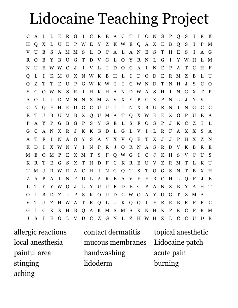 Lidocaine Teaching Project Word Search