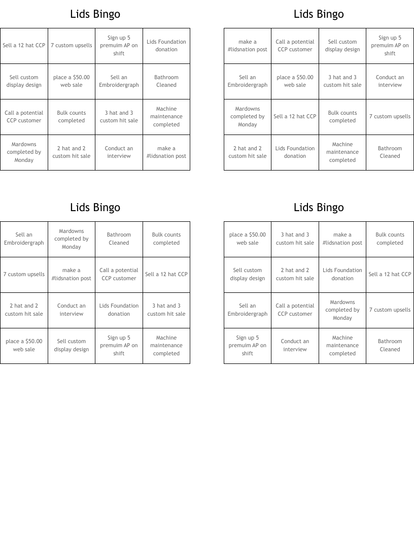Lids Bingo 
