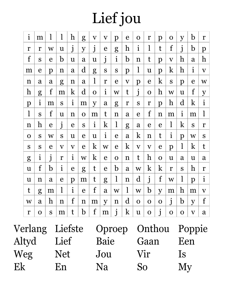 Lief jou Word Search