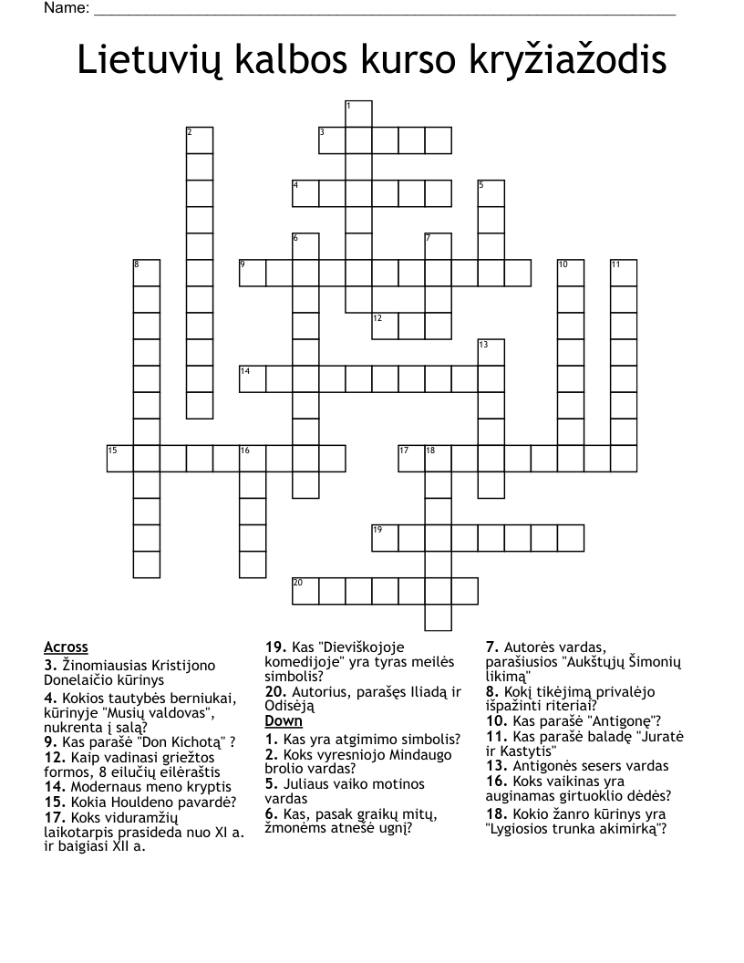 Lietuvių kalbos kurso kryžiažodis Crossword