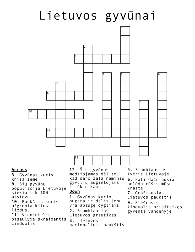 Lietuvos gyvūnai Crossword