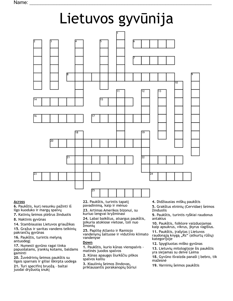 Lietuvos gyvūnija Crossword
