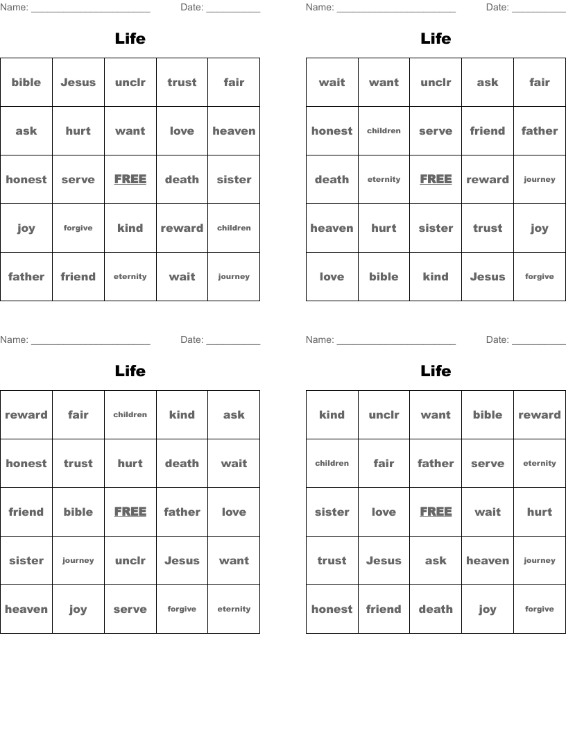 Life Bingo Cards