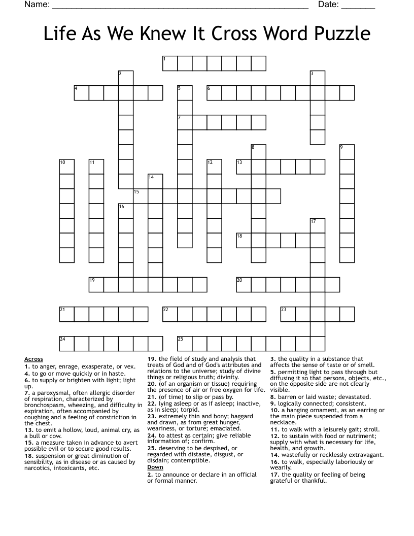 Life As We Knew It Cross Word Puzzle
