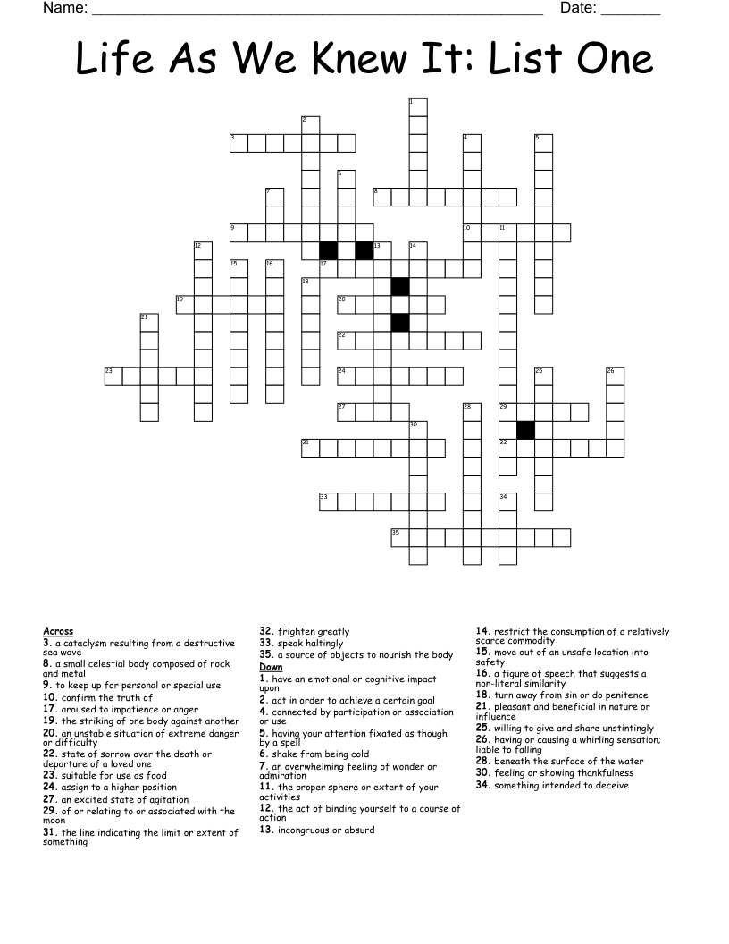 Life As We Knew It: List One Crossword