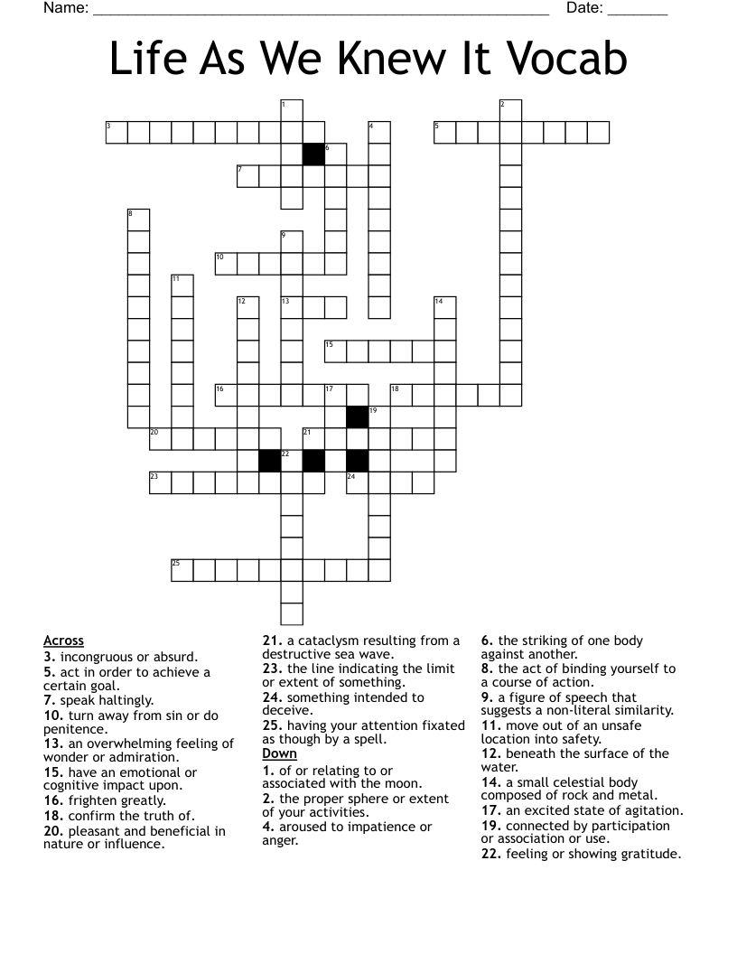 Life As We Knew It Vocab Crossword