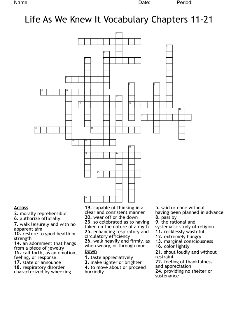 Life As We Knew It Vocabulary Chapters 11-21 Crossword