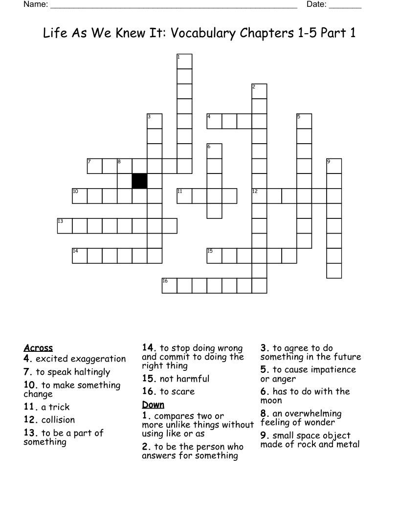 Life As We Knew It:  Vocabulary Chapters 1-5 Part 1 Crossword