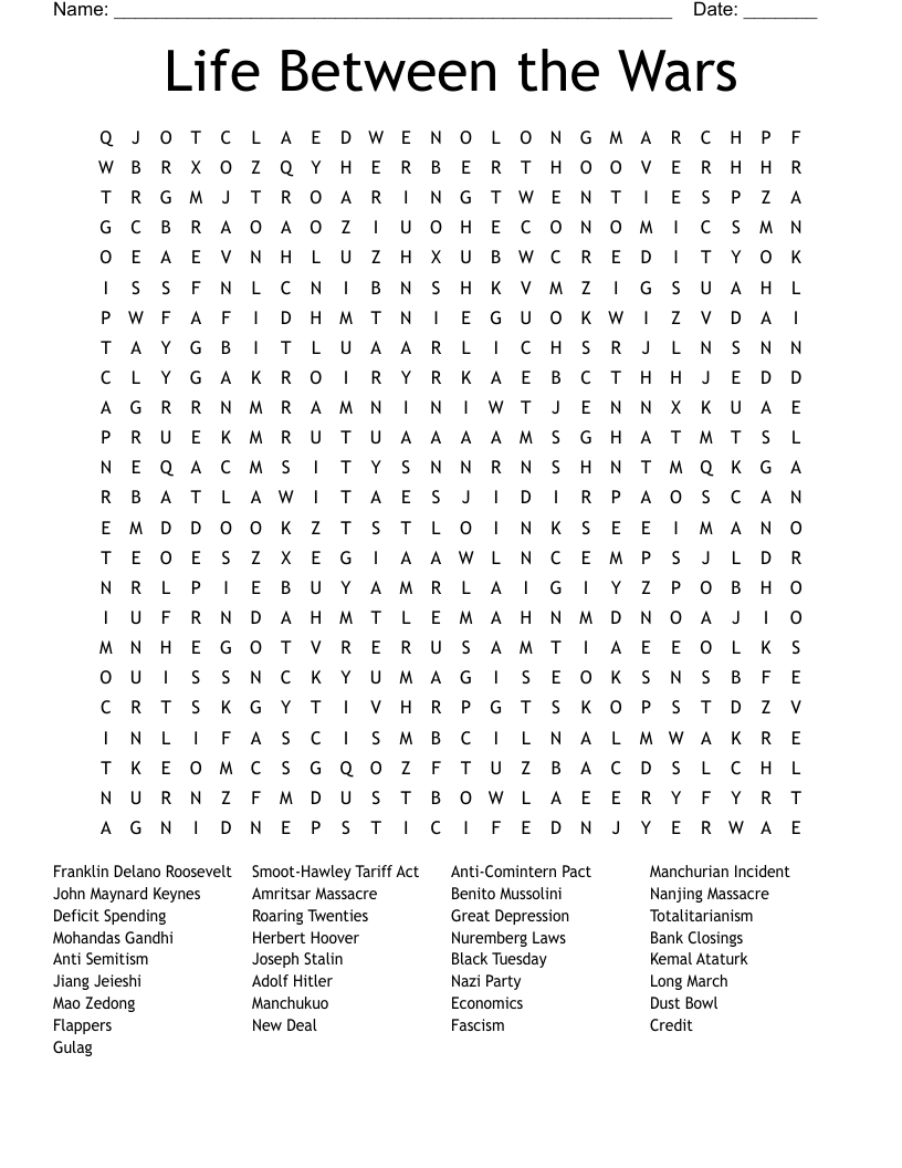 Life Between the Wars Word Search