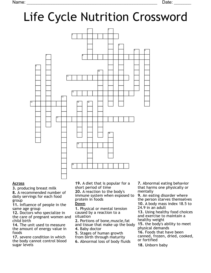 Life Cycle Nutrition Crossword 