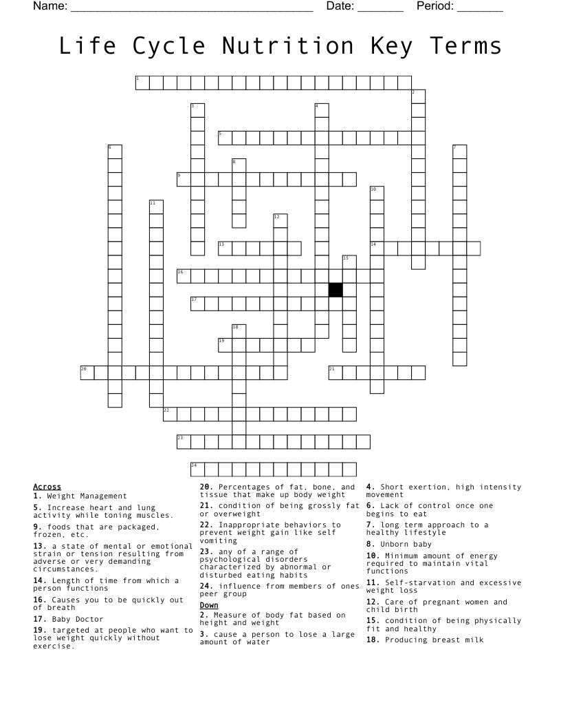Life Cycle Nutrition Key Terms Crossword