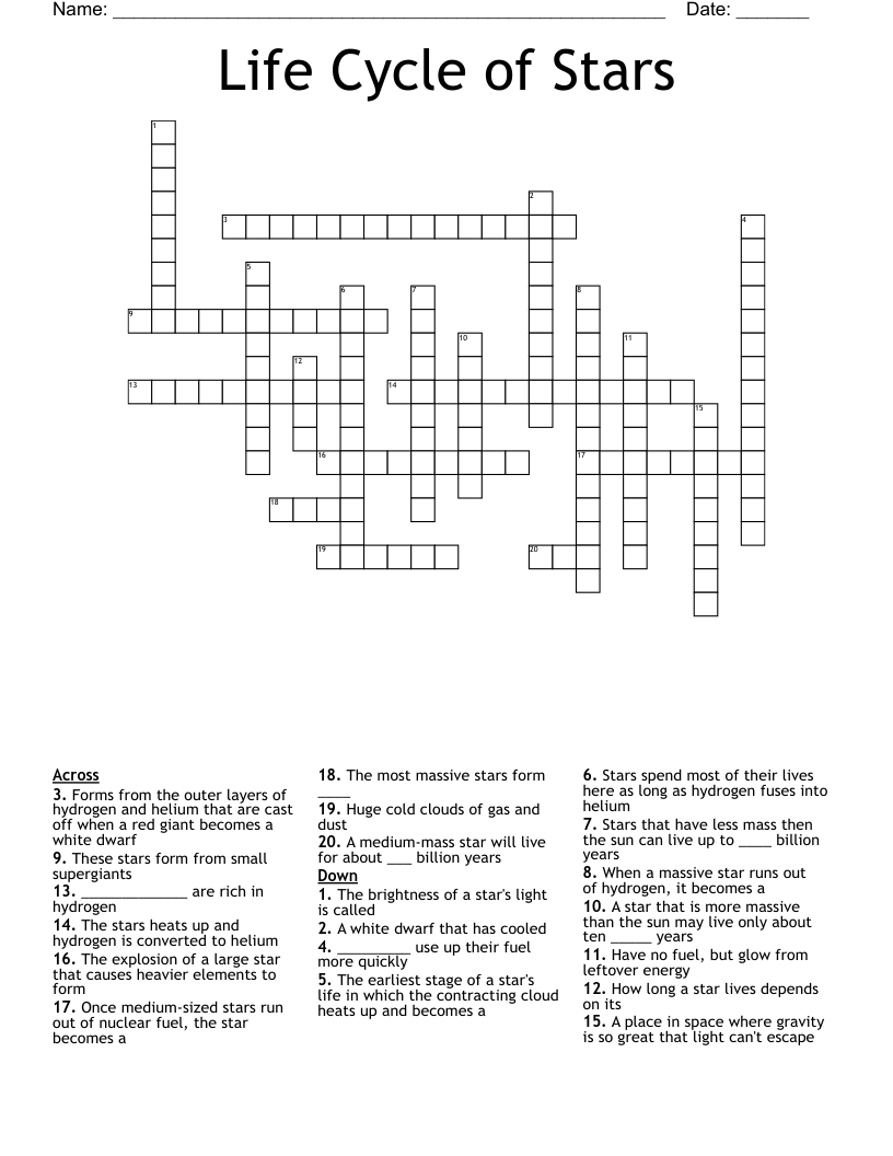 Life Cycle of Stars Crossword